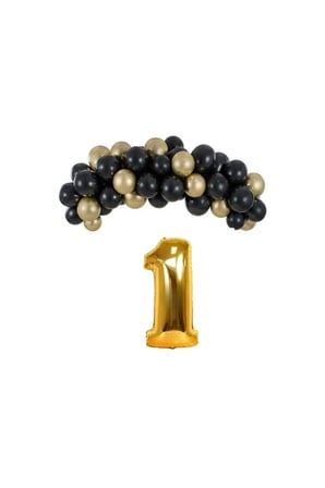 Mini Zincir Balon Seti Siyah-Krom gold+1 34inç Gold Folyo 30 Adet +Balon Şeridi 