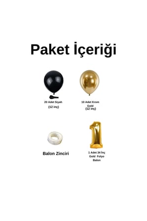 Mini Zincir Balon Seti Siyah-Krom gold+1 34inç Gold Folyo 30 Adet +Balon Şeridi 