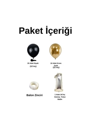 Mini Zincir Balon Seti Siyah-Krom gold+1 34inç Gümüş Folyo 30 Adet +Balon Şeridi 