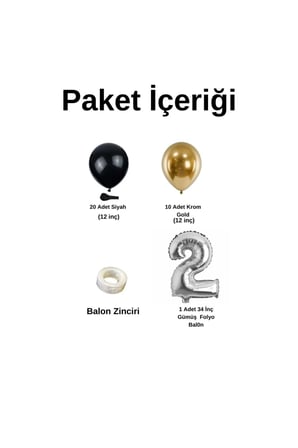 Mini Zincir Balon Seti Siyah-Krom gold+2 34inç Gümüş Folyo 30 Adet +Balon Şeridi 