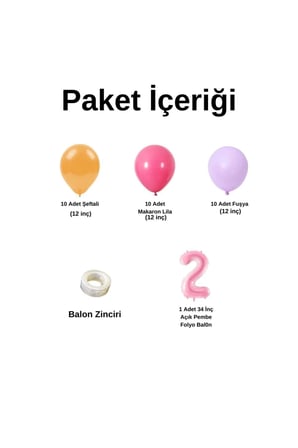 MiniZincirBalonSeti Şeftali-Fuşya-MakaronLila+2 34 inçAçıkPembeFolyoBalon 30Adet+BalonŞeridi 