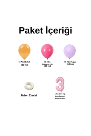 MiniZincirBalonSeti Şeftali-Fuşya-MakaronLila+3 34 inçAçıkPembeFolyoBalon 30Adet+BalonŞeridi 