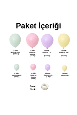 Zincir Balon Seti Makaron Yeşil-Pembe-Lila-Sarı  100 Adet + Balon Şeridi 