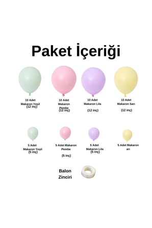 Zincir Balon Seti Makaron Yeşil-Pembe-Lila-Sarı  60 Adet + Balon Şeridi 