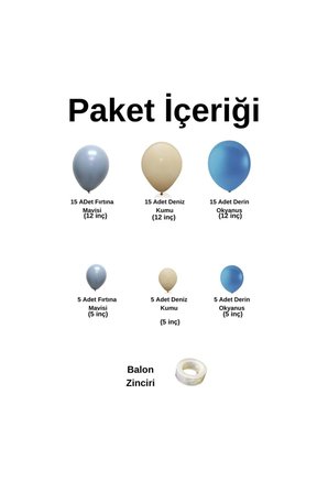 Zincir Balon Seti Derin Okyanus-Deniz Kumu-Fırtına Mavisi  3 Renk 60 Adet + Balon Şeridi 