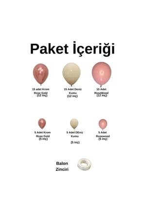 Zincir Balon Seti Rose Gold-Deniz Kumu-Rosewood 3 Renk 60 Adet +Balon Şeridi 