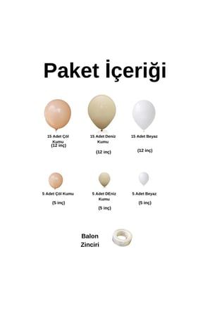 Zincir Balon Seti Çöl Kumu-Deniz Kumu-Beyaz 3 Renk 60 Adet + Balon Şeridi 