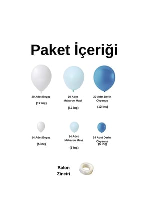 Zincir Balon Seti Beyaz-Makaron Mavi-Derin Okyanus  3 Renk 100 Adet + Balon Şeridi 