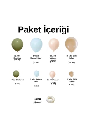 Zincir Balon Seti Okaliptus-Makaron Mavi-Makaron Somon-Sütlü Kahve 60 Ad+BalonŞeridi 