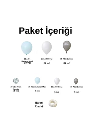 Zincir Balon Seti Makaron Mavi-Krom Gümüş-Duman-Beyaz 4 Renk 100 Ad+BalonŞeridi 