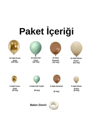 Zincir Balon Seti Küf Yeşili-Krom Gold-Karamel-Deniz kumu 60 Ad+Balon Şeridi 