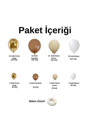 Zincir Balon Seti Krom Gold-Karamel-Deniz Kumu-Beyaz 60 Ad+Balon Şeridi 