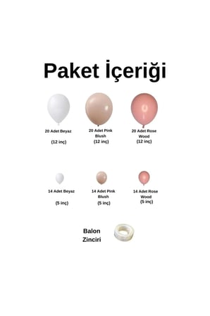 Zincir Balon Seti Beyaz-Pink Blush-Rose Wood 3 Renk 100 Adet + Balon Şeridi 
