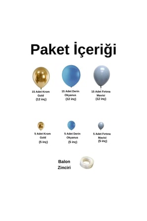Zincir Balon Seti Krom Gold-Derin Okyanus-Fırtına Mavisi 3 Renk 60 Adet +Balon Şeridi 