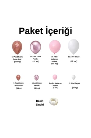 Zincir Balon Seti Krom Rose Gold-Krom Pembe-Makaron Pembe-Beyaz 60Adet+BalonŞeridi 