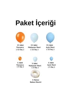 Balon Seti Açık Mavi-Turuncu-Makaron Mavi 60 Lı Balon Zinciri Seti