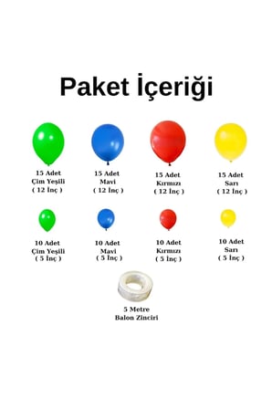 Balon Seti Çim Yeşili-Koyu Mavi-Kırmızı-Sarı 100 Lü Balon Zinciri Seti