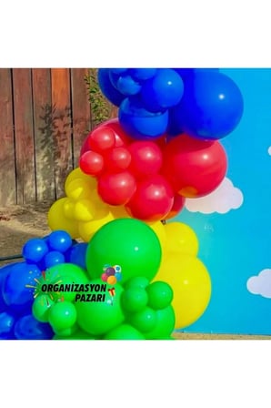 Balon Seti Çim Yeşili-Koyu Mavi-Kırmızı-Sarı 100 Lü Balon Zinciri Seti