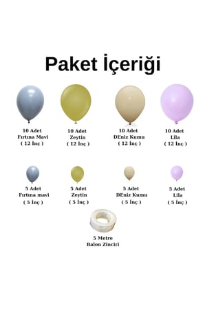 Balon Seti Fırtına Mavisi-Zeytin-DEniz Kumu-Lila 60 Lı Balon Zinciri Seti