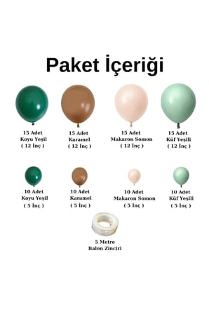 Balon Seti Koyu Yeşil-Karamel-Makaron Somon-Küf Yeşili 100 Lü Balon Zinciri Seti