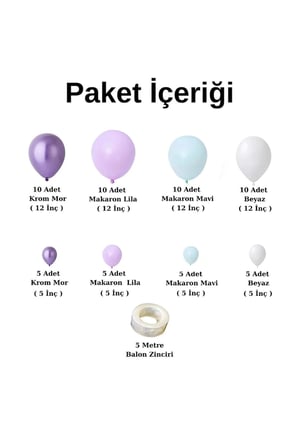 Balon Seti Krom Mor-Makaron Lila-Makaron Mavi-Beyaz 60 Lı Balon Zinciri Seti