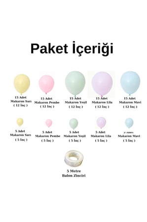 Balon Seti Makaron Sarı-Pembe-Yeşil-Lila-Mavi  60 Lı Balon Zinciri Seti