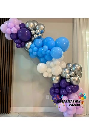 Balon Seti Lila-Mor-Krom Gümüş-Beyaz-Açık Mavi 60 Lı Balon Zinciri Seti