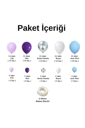 Balon Seti Lila-Mor-Krom Gümüş-Beyaz-Açık Mavi 100 Lü Balon Zinciri Seti
