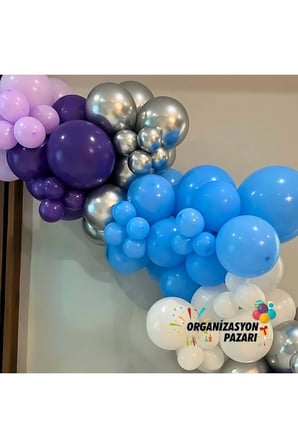Balon Seti Lila-Mor-Krom Gümüş-Beyaz-Açık Mavi 100 Lü Balon Zinciri Seti
