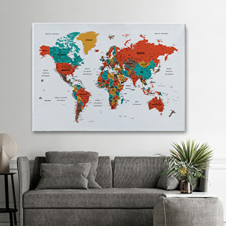 Harita Sepeti Türkçe Dünya Haritası Dekoratif Kanvas Tablo Son Derece Detaylı 1616