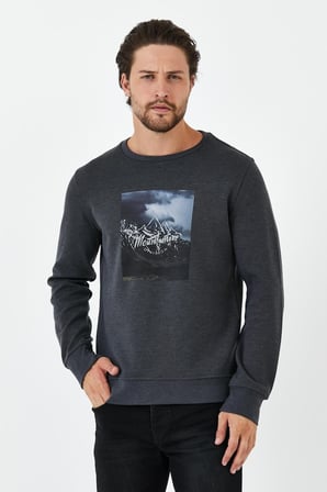 Erkek Kışlık Baskılı Bisiklet Yaka Lacivert Sweatshirt
