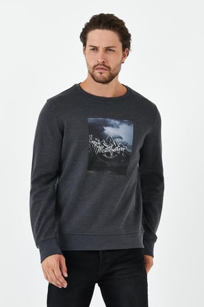 Erkek Kışlık Baskılı Bisiklet Yaka Lacivert Sweatshirt