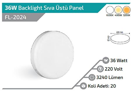 36W YUVARLAK SIVA ÜSTÜ LED PANEL BEYAZ 6500K