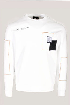 Erkek Sweatshirt Beyaz Bisiklet Yaka Relax Fit Nakış Detaylı Double Face Pamuk Sweat NCS JEANS 1618