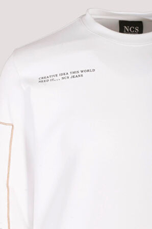 Erkek Sweatshirt Beyaz Bisiklet Yaka Relax Fit Nakış Detaylı Double Face Pamuk Sweat NCS JEANS 1618