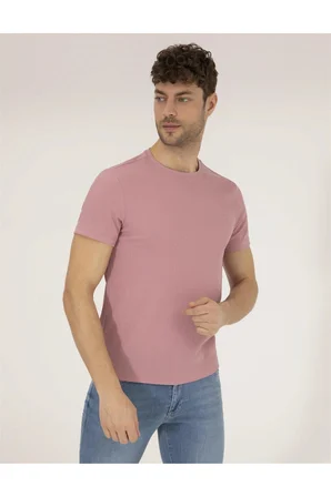 Bej Slim Fit Bisiklet Yaka Tişört