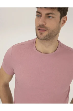 Bej Slim Fit Bisiklet Yaka Tişört