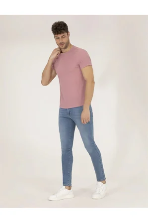 Bej Slim Fit Bisiklet Yaka Tişört