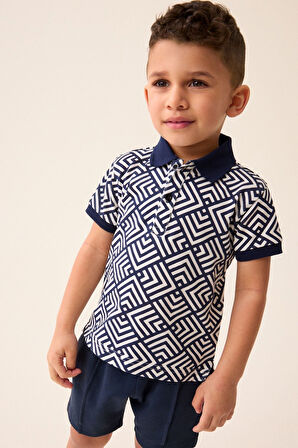 Next Baby Pamuklu Lacivert Beyaz Polo Yaka Çizgili Kısa Kollu Şortlu Alt Üst Takım