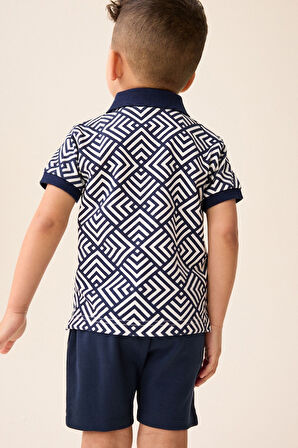 Next Baby Pamuklu Lacivert Beyaz Polo Yaka Çizgili Kısa Kollu Şortlu Alt Üst Takım