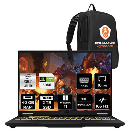 Asus TUF F16 i7 14650HX 40GB 4TB SSD RTX5060/8GB 115W 165Hz 16'' WUXGA W11H Gaming Laptop FX608JMR