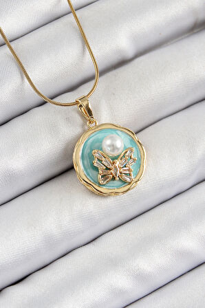 316L Çelik Zincir Zirkon Taşlı Turkuaz Sanatsal Portre İnci Detaylı Kelebek Model Gold Renk Kadın Kolye
