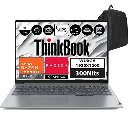 Lenovo Thinkbook 16 Gen6 AMD Ryzen 7 7730U 32GB 512GB SSD AMD Radeon™ Graphics Freedos 16" Wuxga 300NIT Taşınabilir Bilgisayar 21KK000WTRF04 + Zetta Çanta