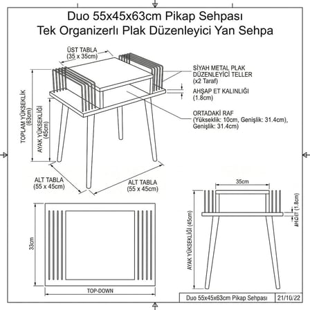 Duo 55x45x63cm Ahşap Pikap Sehpası, Plak Düzenleyici, Plak Rafı, Dekoratif Yan Sehpa İki Katlı Sehpa