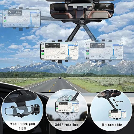 Dikiz Aynasına Takılabilen Oto Araba Araç Telefon Tutucusu(3-7 inç Uyumluluk + 360° + Uzayabilme 5cm