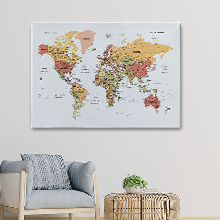 Harita Sepeti Türkçe Dünya Haritası Dekoratif Kanvas Tablo Son Derece Detaylı 1624