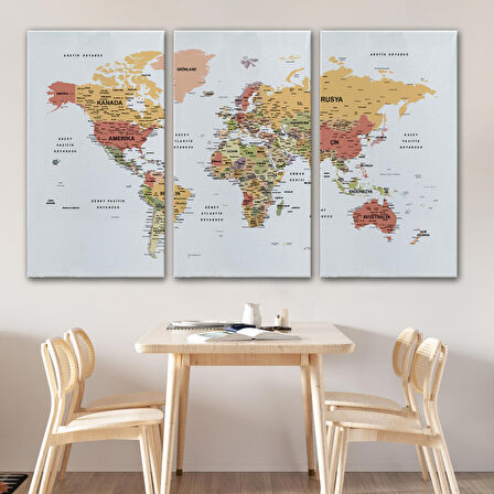 Harita Sepeti Türkçe Dünya Haritası Dekoratif Kanvas Tablo Son Derece Detaylı 1624