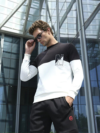 Beyaz Erkek Bisiklet Yaka Logo Nakışlı 3 İplik Çift Renk Sweatshirt NCS JEANS 1624