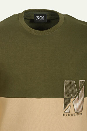 Haki Erkek Bisiklet Yaka Logo Nakışlı 3 İplik Çift Renk Sweatshirt NCS JEANS 1624