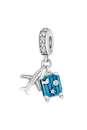 Uçak ve Mavi Bavul Charm | 925 Ayar Gümüş